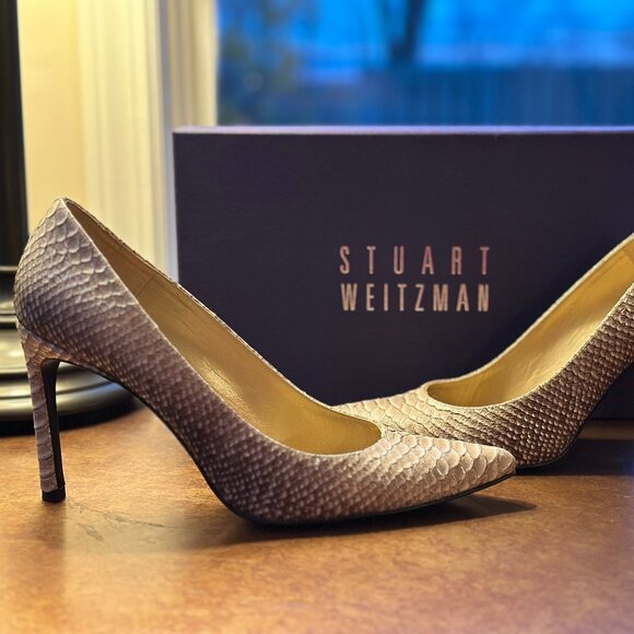 Stuart Weitzman Taupe Tipped Python Heist Heels Size 8.5 - Picture 4 of 7